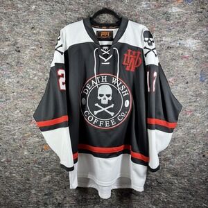 Death Wish Coffee Hockey Jersey Mens Large‎ Skull Flow 12 Team Shirt Black Red